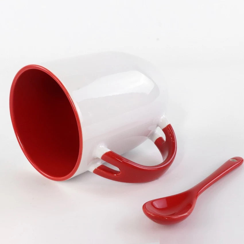 Colorful ceramic mugs with spoons for sublimation