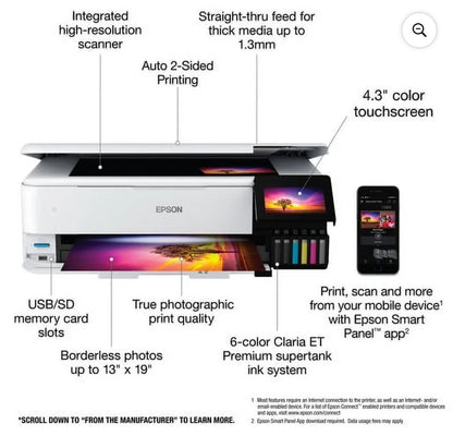 Epson® EcoTank® Photo ET-8550 SuperTank® Wide-Format Wireless Inkjet All-In-One Color Printer