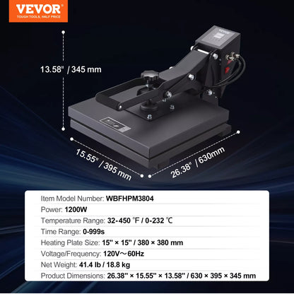 15" x 15" Heat Press Machine, Industrial Quality Digital Sublimation Machine, High Pressure Tshirt Heat Printing Professional Heat Transfer Press Machine, Black and Grey