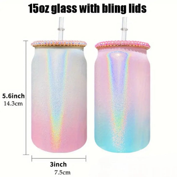 15 oz ombre shimmer Sublimation soda  glass jar w/ bling bamboo lid