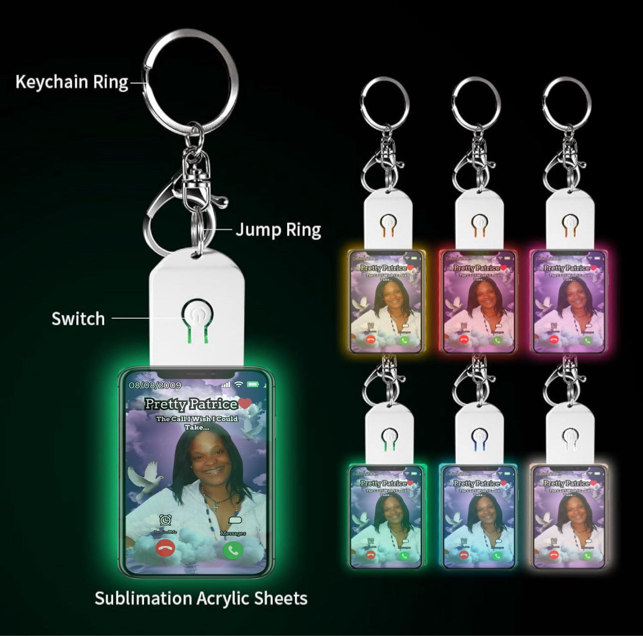 Viral sublimation LED light up acrylic keychain WITH battery (changes 7 colors)