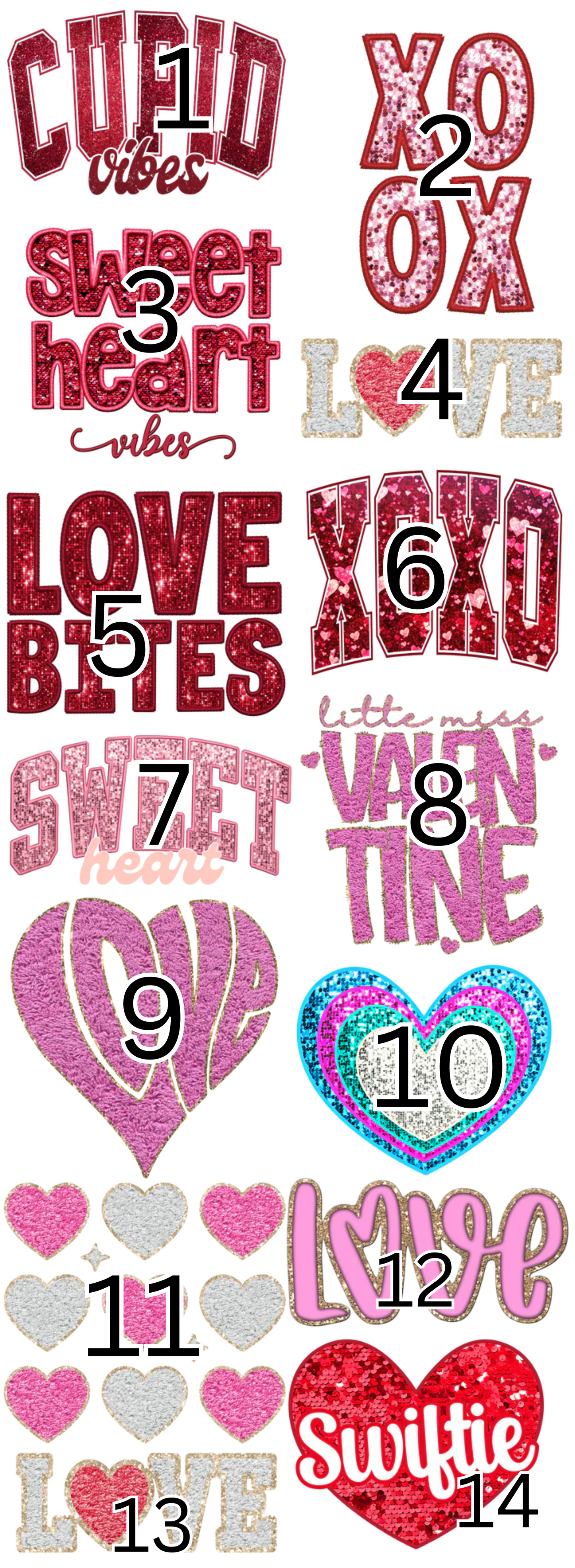 Valentines Day faux glitter  DTF ready to press(1-14 option)