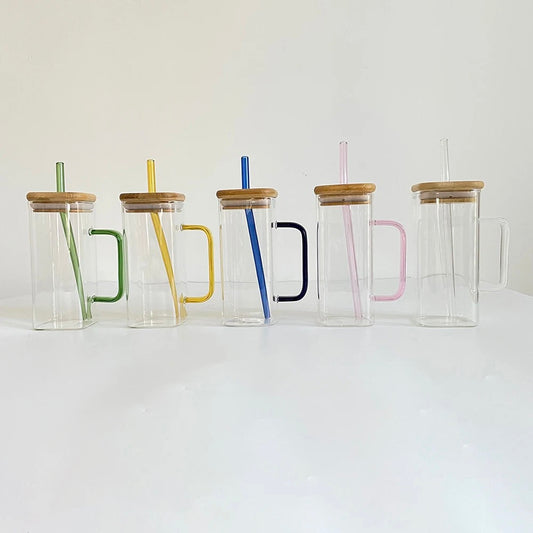 sublimation Square Glass Mug with colorful glass straw for sublimation printing