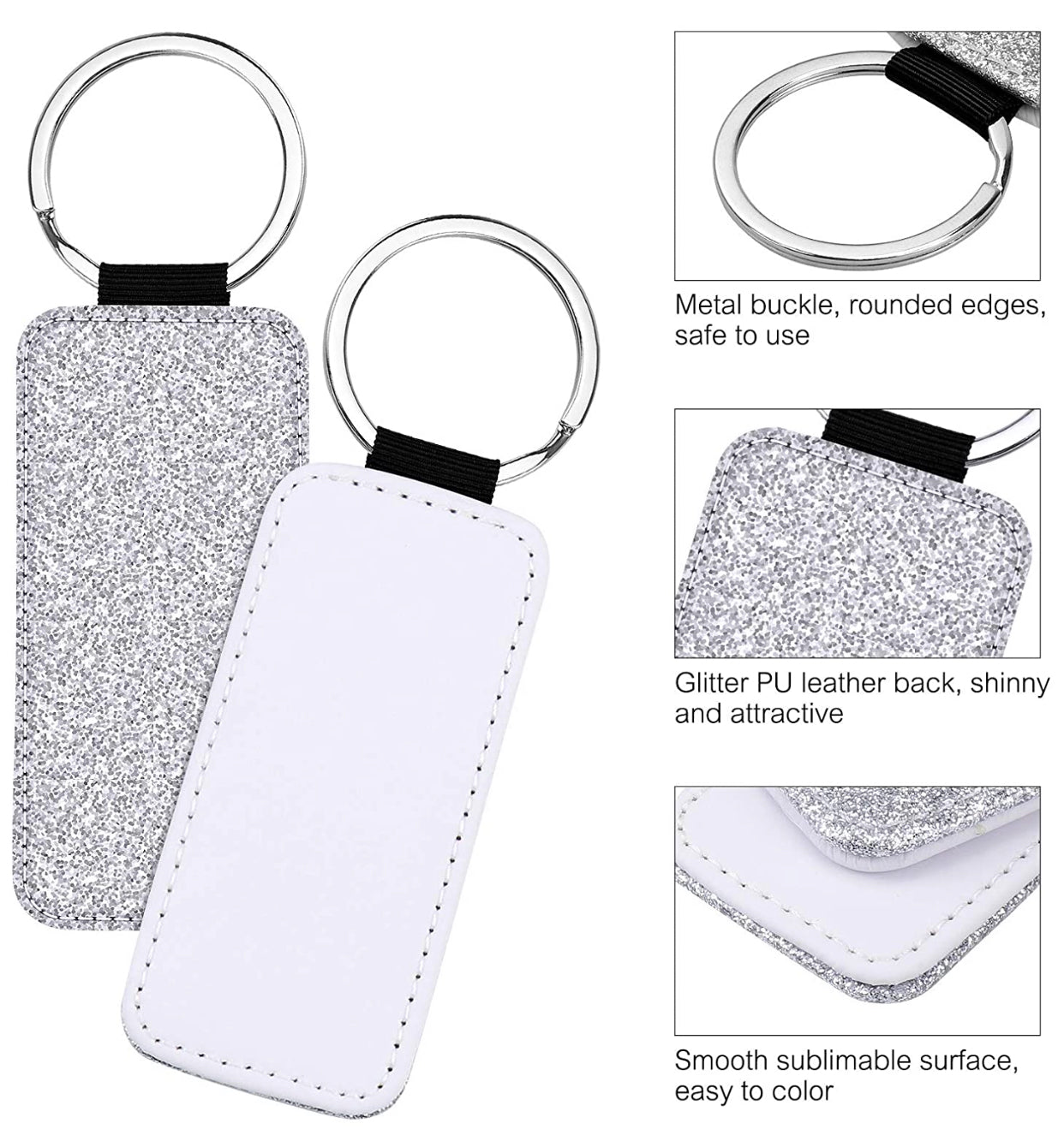 Conde Sublimation Blank PolyLeather Glitter Keychain - Rectangle - Silver - NLP152