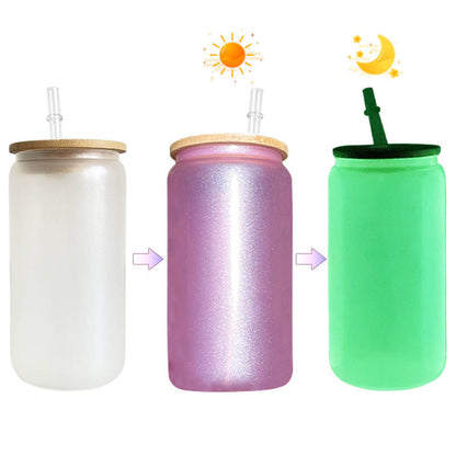 Uv + glow 16 oz Sublimation iridescent soda  glass jar w/ bamboo lid