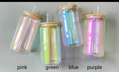 20 oz Sublimation iridescent soda  glass jar w/ bamboo lid